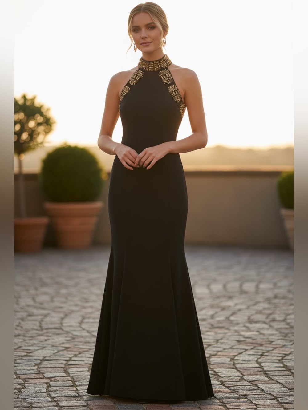 Boston Proper Black Gold Embellished Halter Maxi Dress NWT 0